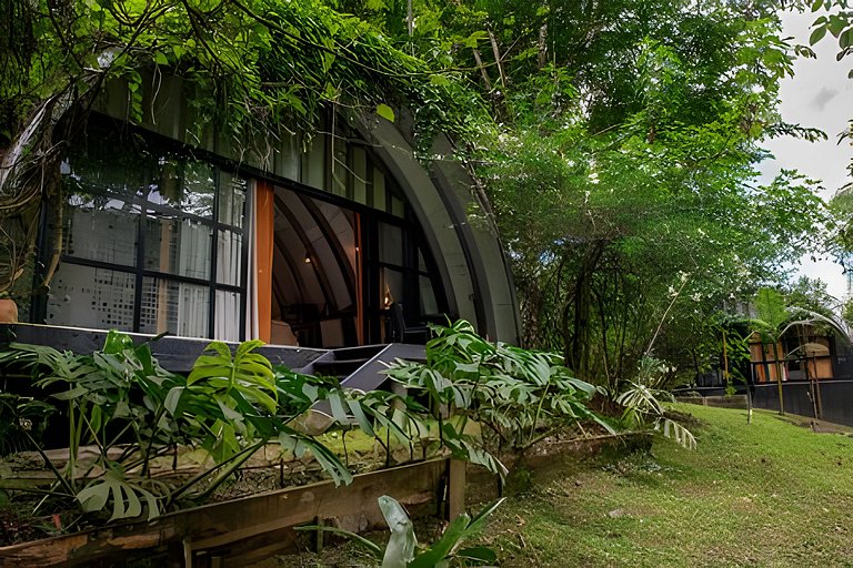 Refugio aconchegante e futurista na floresta