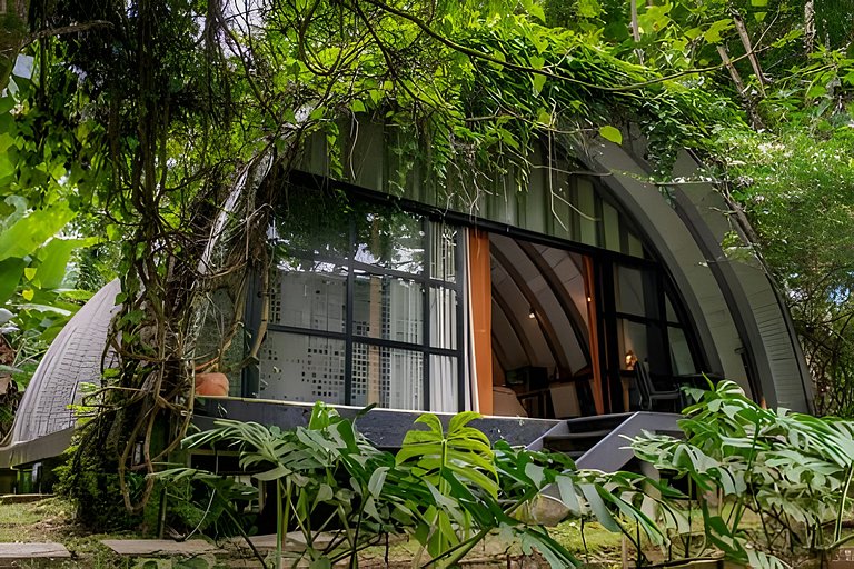 Refugio aconchegante e futurista na floresta